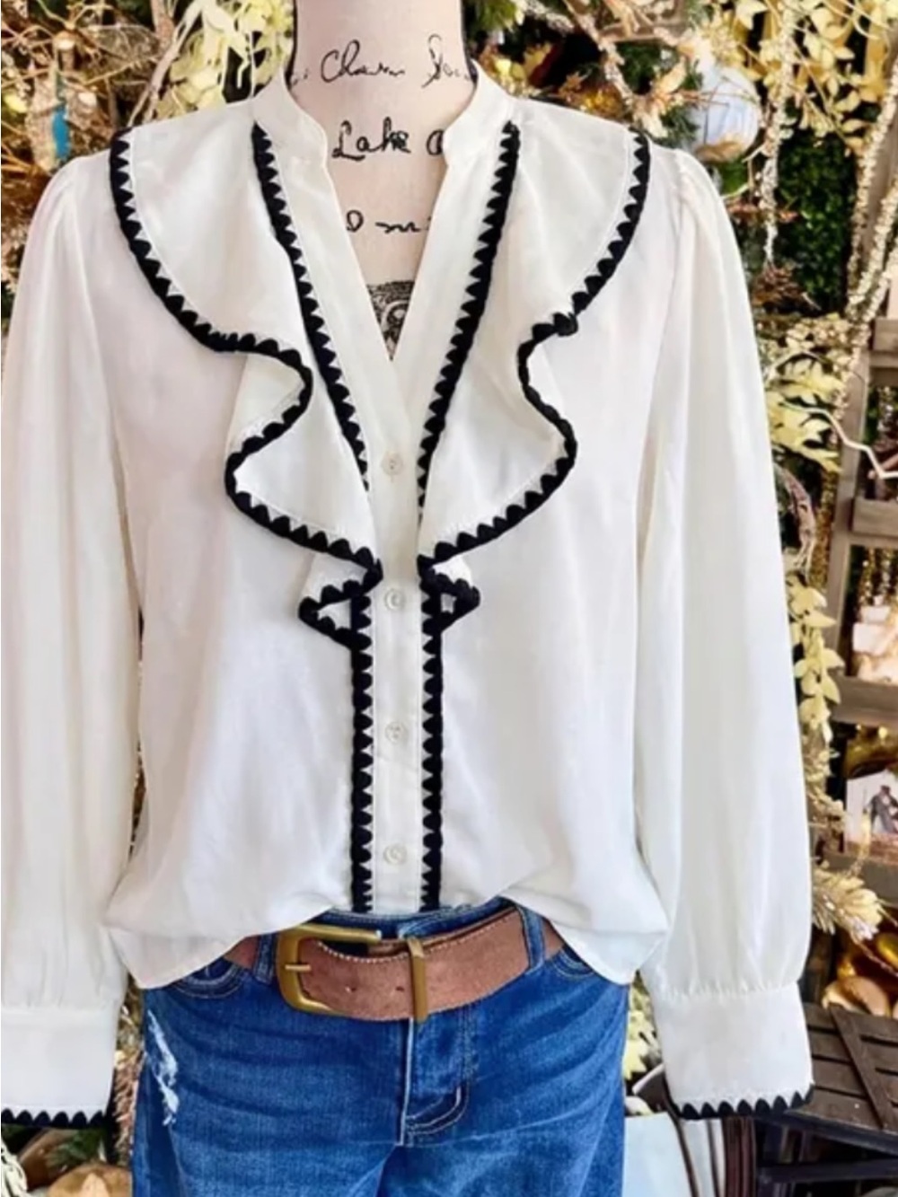Sage Vell White Button-Front Ruffle Blouse with Black Trim
